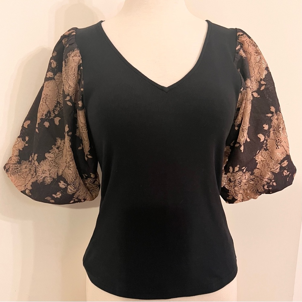 Anthropologie Dolan Womens Puff Sleeve Top Small EUC Blk Tan Lace